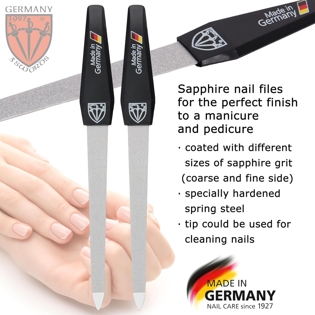 3 Swords Germany - Sapphire Metal Nail File Set 2 Pieces with 1 PIECE 3-Way Nail Buffer – Nail Care Made in Solingen/Germany