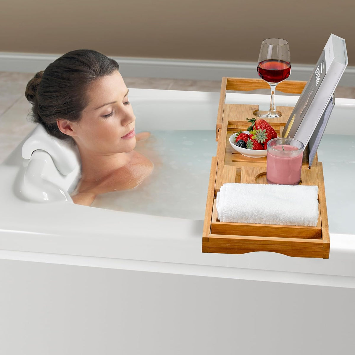 Bamboo Bathtub Caddy Tray for Tub, Adjustable Bath Table