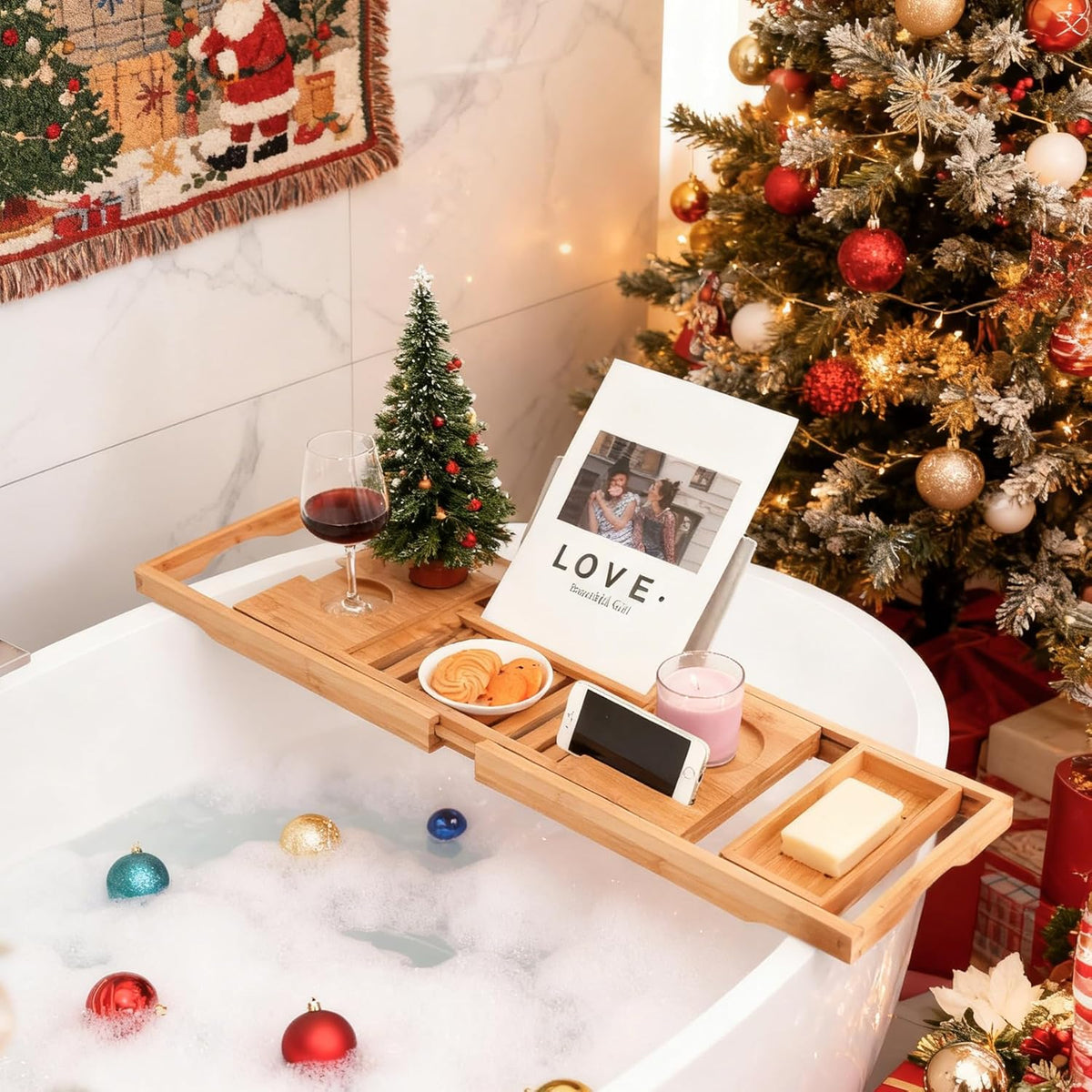 Bamboo Bathtub Caddy Tray for Tub, Adjustable Bath Table